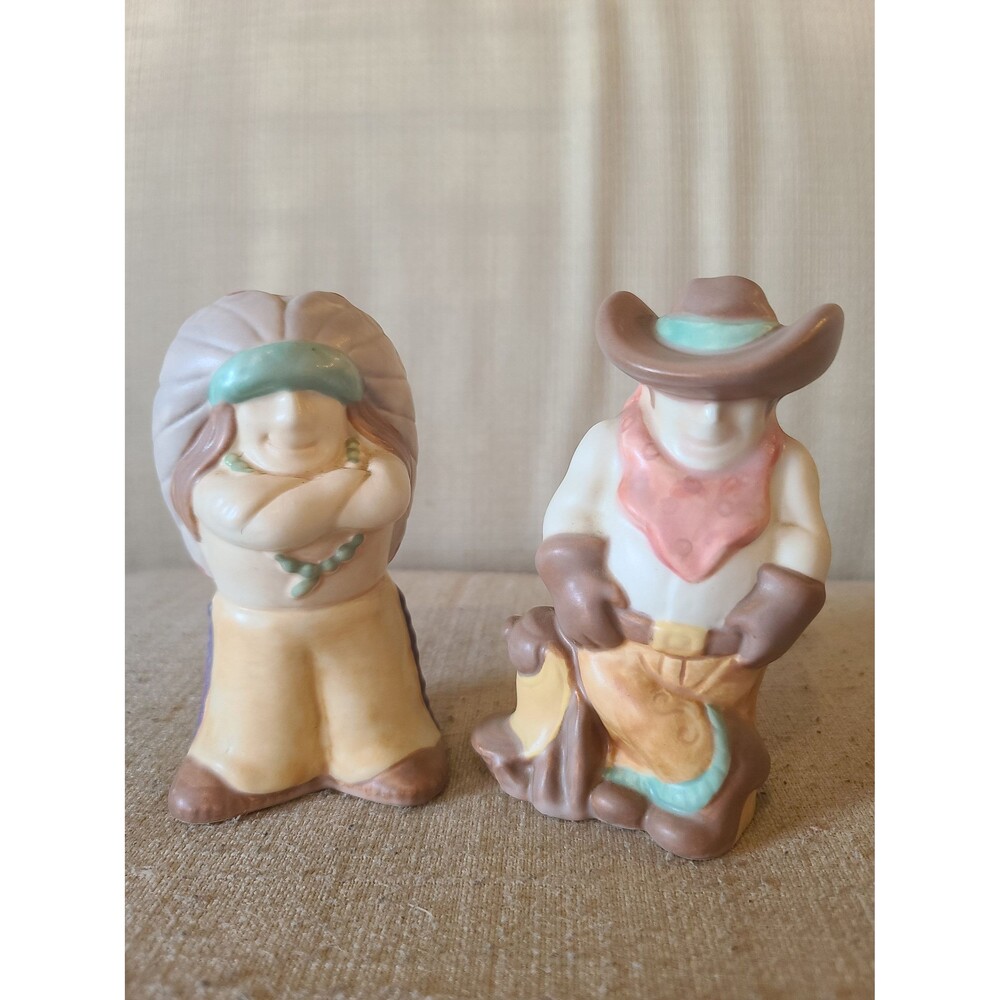 Rare Vintage 1980s TREASURE CRAFT Cowboy And Indian Chief Salt And Pepper Shaker